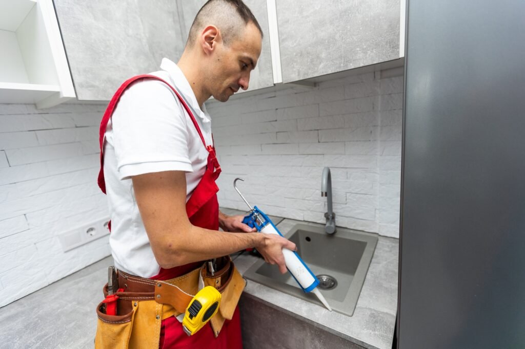 The carpenter puts the aluminum molding in place of the work surface in the kitchen.